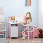 HOMCOM Set Masă și Scaune pentru Copii de 5+ Ani din Lemn cu Banc de Școală și Scaun Alb și Roz