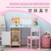HOMCOM Set Masă și Scaune pentru Copii de 5+ Ani din Lemn cu Banc de Școală și Scaun Alb și Roz