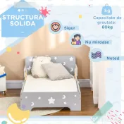 ZONEKIZ Pat pentru copii 3-6 ani cu stele si luna din MDF si PAL, 143x76x49 cm, culoare gri si lemn | Aosom Romania