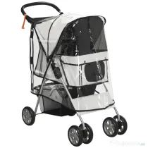 PawHut Cărucior Pliabil pentru Câini până la 10 kg cu Copertină Împotriva Ploii, 75x45x97 cm, Gri | Aosom Romania