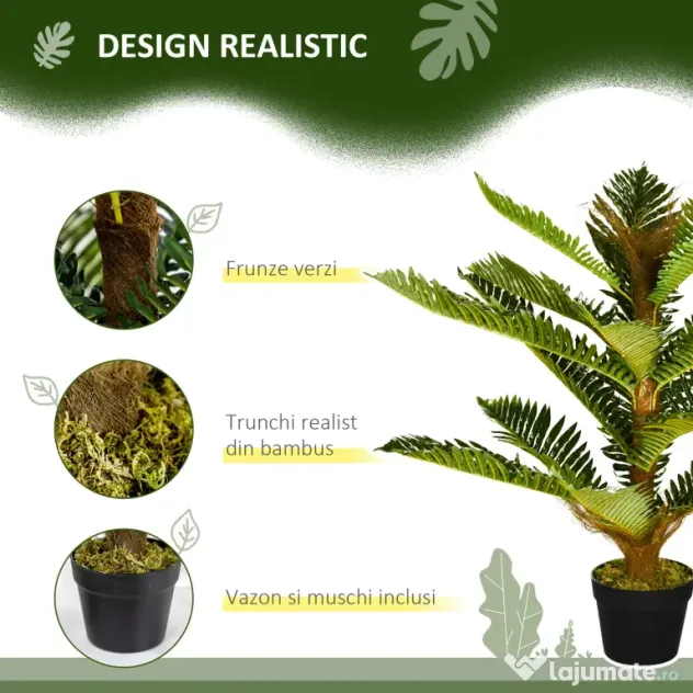 HOMCOM Plantă Artificială de Palmă cu 18 Frunze și Vas Inclus pentru Interior, Înălțime 85 cm, Verde | Aosom Romania