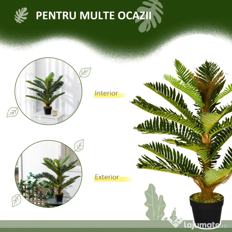 HOMCOM Plantă Artificială de Palmă cu 18 Frunze și Vas Inclus pentru Interior, Înălțime 85 cm, Verde | Aosom Romania