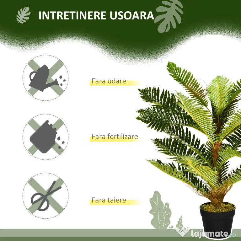 HOMCOM Plantă Artificială de Palmă cu 18 Frunze și Vas Inclus pentru Interior, Înălțime 85 cm, Verde | Aosom Romania