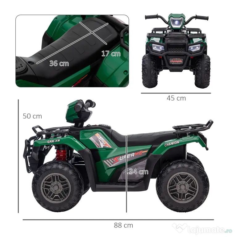 ATV electric copii, Ride-on, functii de mers inainte si inapoi, 12V, cu lumini | Aosom Romania