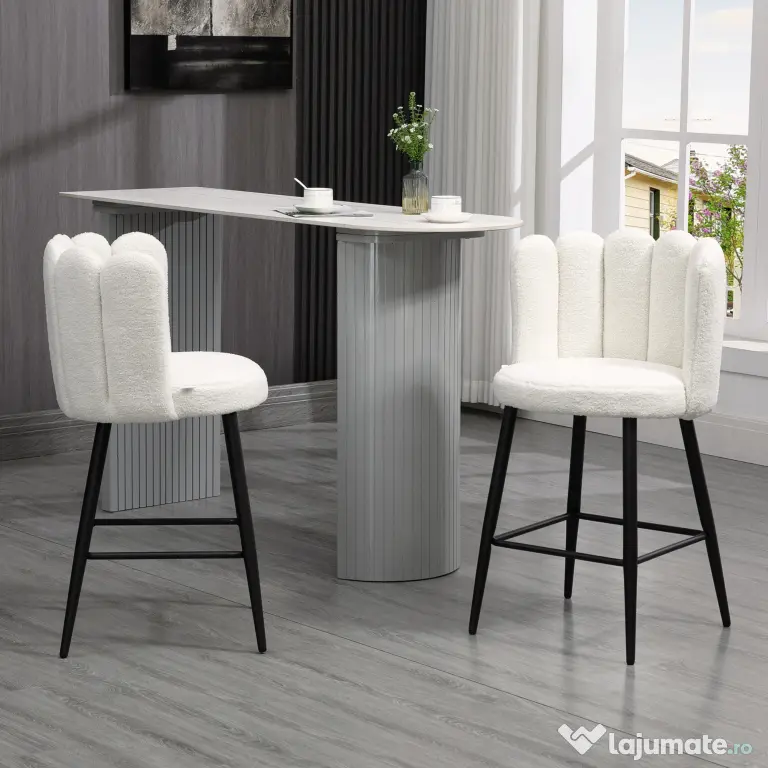 HOMCOM Scaune Bar de 2 piese, Moderne cu Tapiterie din Casmir Artificial, cu Spatar si suport pentru picioare, Crem Alb | Aosom Romania