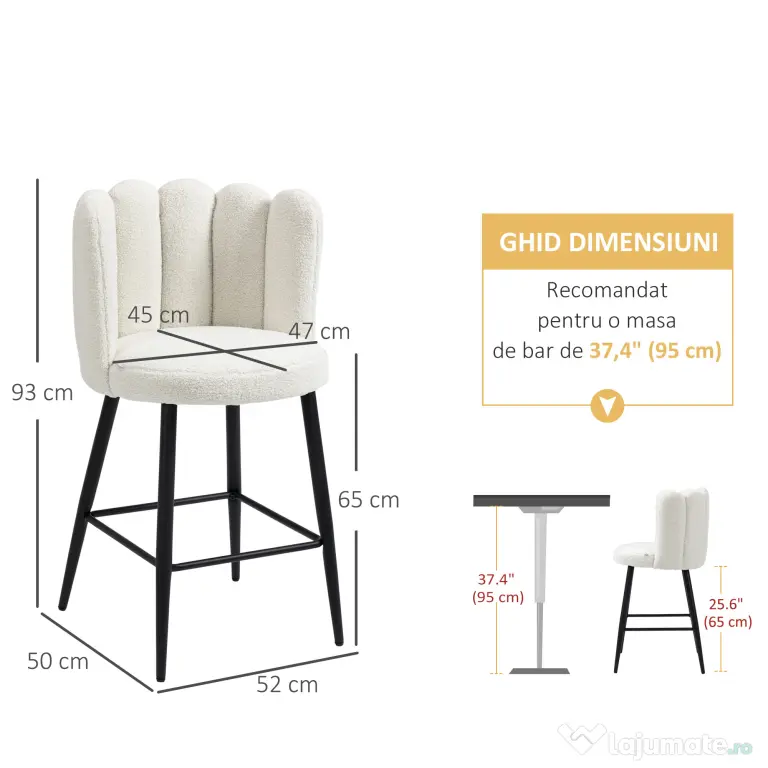 HOMCOM Scaune Bar de 2 piese, Moderne cu Tapiterie din Casmir Artificial, cu Spatar si suport pentru picioare, Crem Alb | Aosom Romania