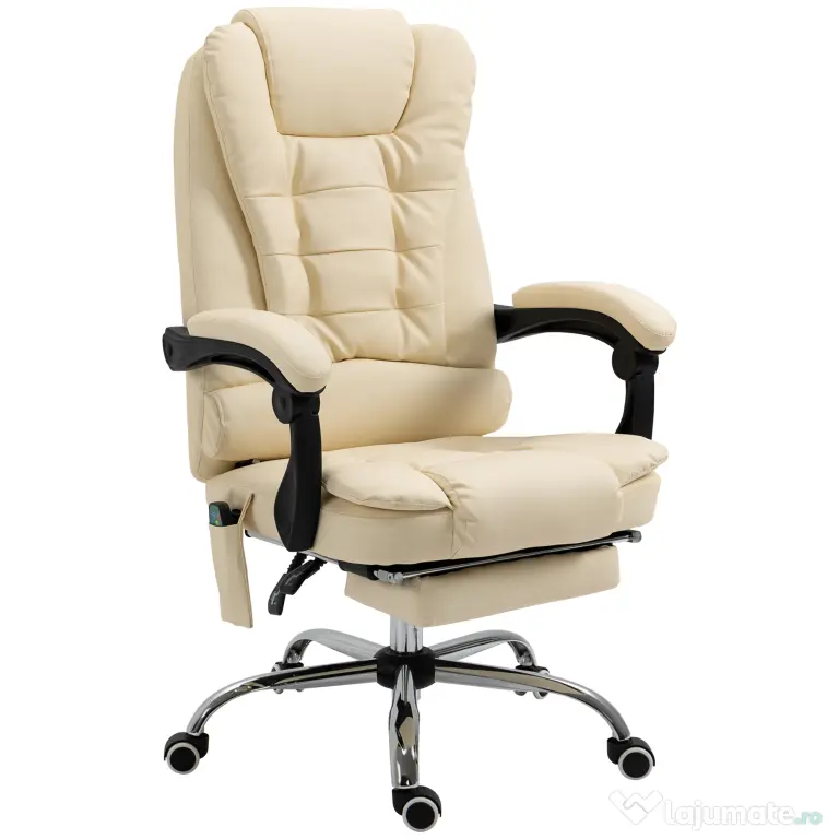 Vinsetto Fotoliu Pivotant și Ergonomic cu Masaj, Înălțime Reglabilă, 6 Puncte de Vibrație, 65x160x104 cm, Crem | Aosom Romania
