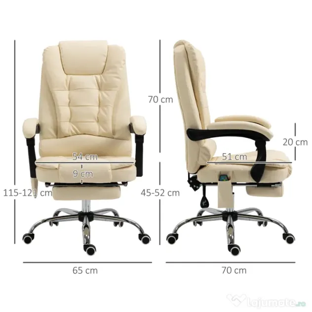 Vinsetto Fotoliu Pivotant și Ergonomic cu Masaj, Înălțime Reglabilă, 6 Puncte de Vibrație, 65x160x104 cm, Crem | Aosom Romania