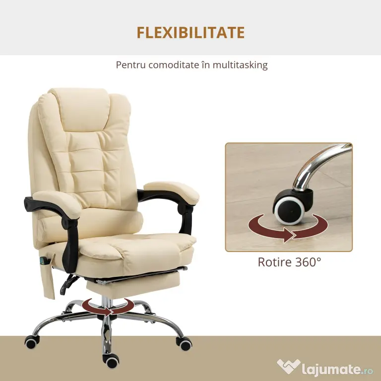 Vinsetto Fotoliu Pivotant și Ergonomic cu Masaj, Înălțime Reglabilă, 6 Puncte de Vibrație, 65x160x104 cm, Crem | Aosom Romania