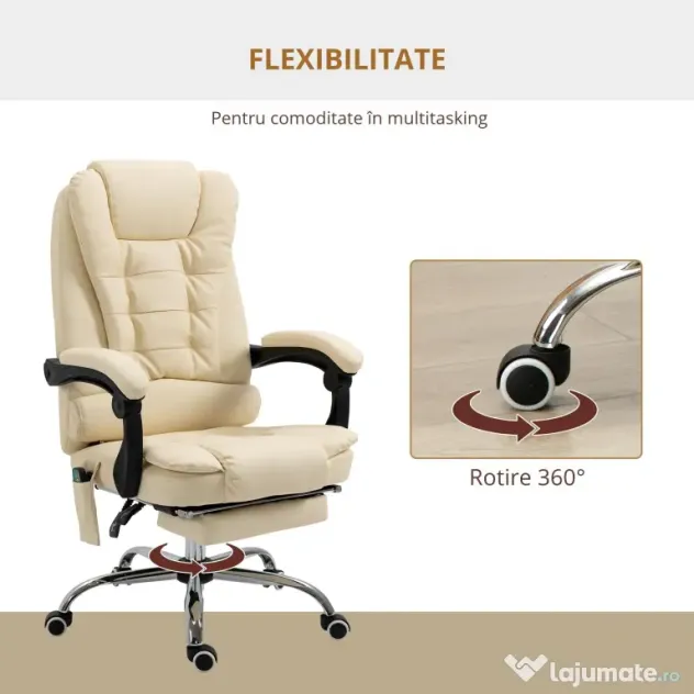 Vinsetto Fotoliu Pivotant și Ergonomic cu Masaj, Înălțime Reglabilă, 6 Puncte de Vibrație, 65x160x104 cm, Crem | Aosom Romania