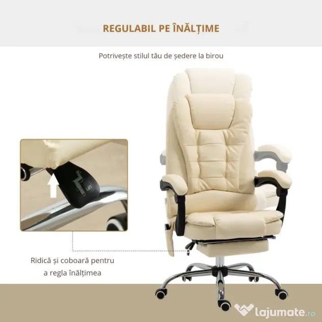 Vinsetto Fotoliu Pivotant și Ergonomic cu Masaj, Înălțime Reglabilă, 6 Puncte de Vibrație, 65x160x104 cm, Crem | Aosom Romania