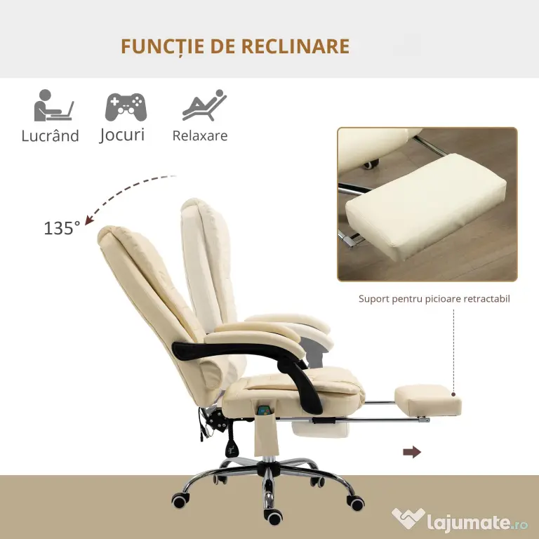 Vinsetto Fotoliu Pivotant și Ergonomic cu Masaj, Înălțime Reglabilă, 6 Puncte de Vibrație, 65x160x104 cm, Crem | Aosom Romania