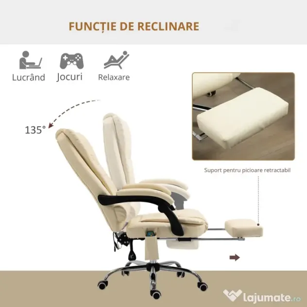 Vinsetto Fotoliu Pivotant și Ergonomic cu Masaj, Înălțime Reglabilă, 6 Puncte de Vibrație, 65x160x104 cm, Crem | Aosom Romania
