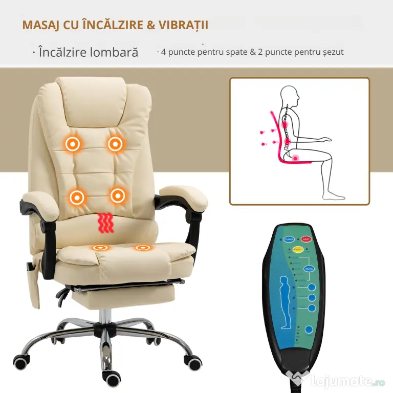 Vinsetto Fotoliu Pivotant și Ergonomic cu Masaj, Înălțime Reglabilă, 6 Puncte de Vibrație, 65x160x104 cm, Crem | Aosom Romania