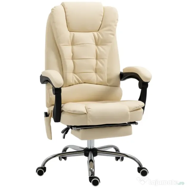 Vinsetto Fotoliu Pivotant și Ergonomic cu Masaj, Înălțime Reglabilă, 6 Puncte de Vibrație, 65x160x104 cm, Crem | Aosom Romania