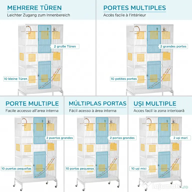 PawHut Cusca pentru pasari cu 3 niveluri, cu suport, roti, jucarii, scari, pentru canari, cinteze, calopsiti, perusi | Aosom Romania