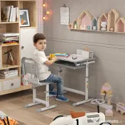 HOMCOM Set Masă și Scaun pentru Copii 6-12 ani, Reglabil pe Înălțime, cu Blat Înclinabil la 45°, 66x47x52-77 cm, Gri | Aosom Romania 