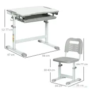HOMCOM Set Masă și Scaun pentru Copii 6-12 ani, Reglabil pe Înălțime, cu Blat Înclinabil la 45°, 66x47x52-77 cm, Gri | Aosom Romania 
