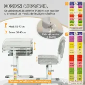 HOMCOM Set Masă și Scaun pentru Copii 6-12 ani, Reglabil pe Înălțime, cu Blat Înclinabil la 45°, 66x47x52-77 cm, Gri | Aosom Romania 