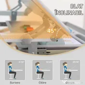 HOMCOM Set Masă și Scaun pentru Copii 6-12 ani, Reglabil pe Înălțime, cu Blat Înclinabil la 45°, 66x47x52-77 cm, Gri | Aosom Romania 