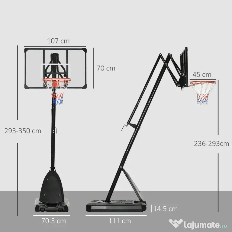 SPORTNOW Cos si suport de baschet reglabil pe inaltime cu panou robust si baza ponderata, portabil pe roti, 2,4-2,9 m | Aosom Romania