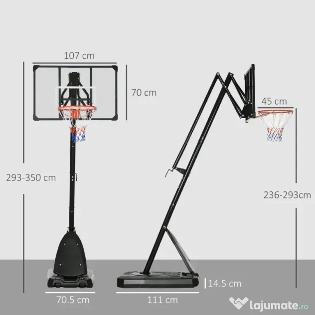 SPORTNOW Cos si suport de baschet reglabil pe inaltime cu panou robust si baza ponderata, portabil pe roti, 2,4-2,9 m | Aosom Romania