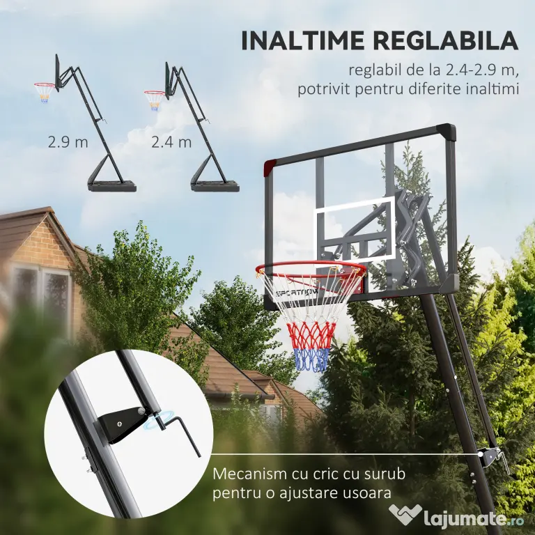 SPORTNOW Cos si suport de baschet reglabil pe inaltime cu panou robust si baza ponderata, portabil pe roti, 2,4-2,9 m | Aosom Romania