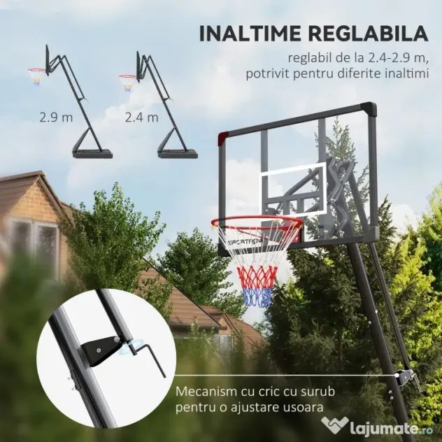 SPORTNOW Cos si suport de baschet reglabil pe inaltime cu panou robust si baza ponderata, portabil pe roti, 2,4-2,9 m | Aosom Romania
