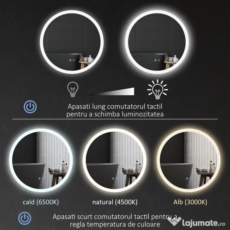 Kleankin Oglindă Rotundă LED pentru Baie, Reglabilă, 3 Temperaturi de Culoare, Anti-Ceță, 70cm | Aosom Romania