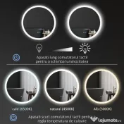 Kleankin Oglindă Rotundă LED pentru Baie, Reglabilă, 3 Temperaturi de Culoare, Anti-Ceță, 70cm | Aosom Romania