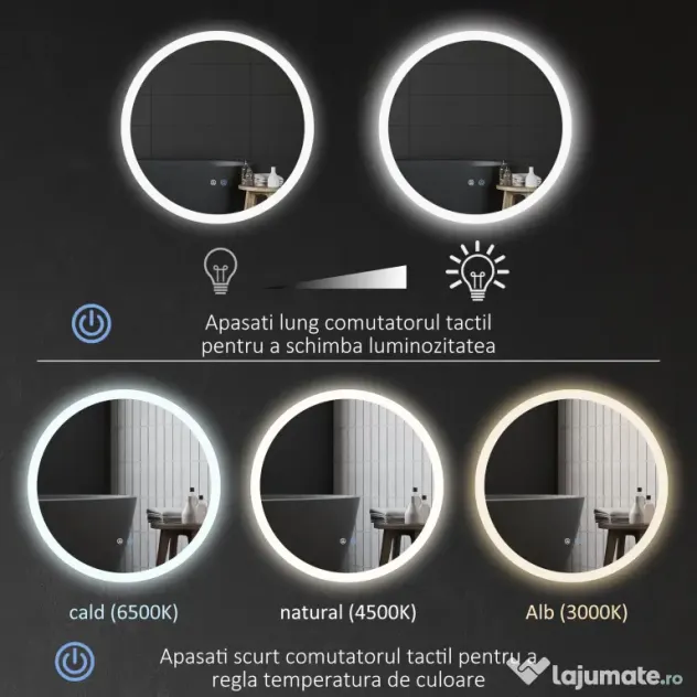 Kleankin Oglindă Rotundă LED pentru Baie, Reglabilă, 3 Temperaturi de Culoare, Anti-Ceță, 70cm | Aosom Romania