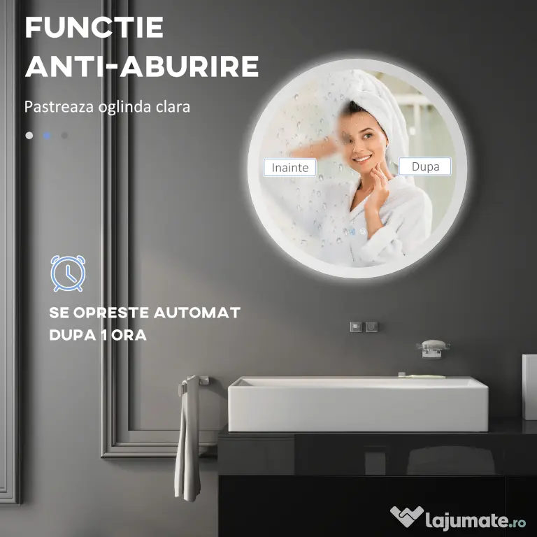 Kleankin Oglindă Rotundă LED pentru Baie, Reglabilă, 3 Temperaturi de Culoare, Anti-Ceță, 70cm | Aosom Romania