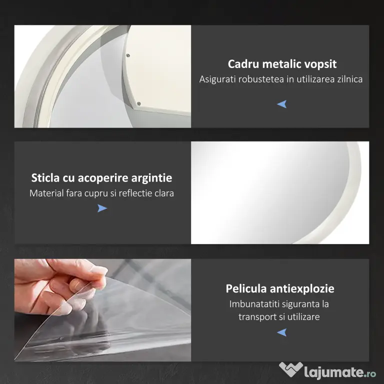 Kleankin Oglindă Rotundă LED pentru Baie, Reglabilă, 3 Temperaturi de Culoare, Anti-Ceță, 70cm | Aosom Romania