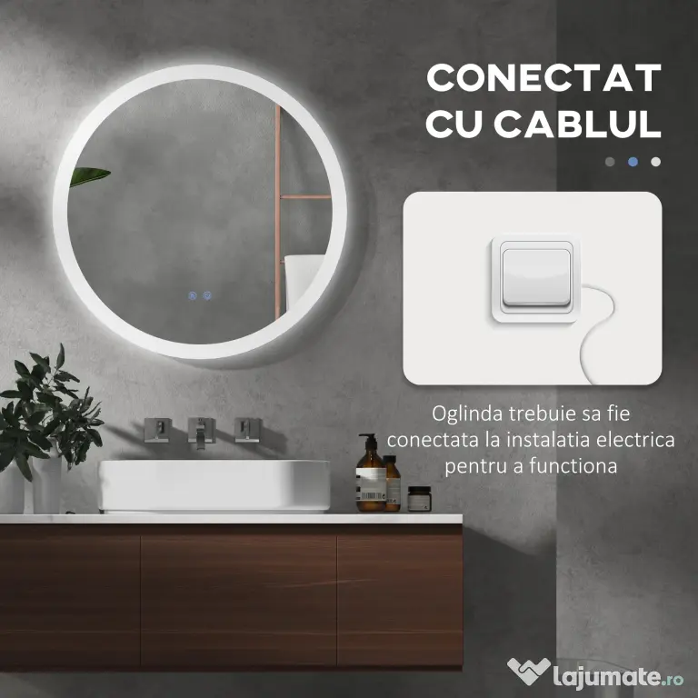 Kleankin Oglindă Rotundă LED pentru Baie, Reglabilă, 3 Temperaturi de Culoare, Anti-Ceță, 70cm | Aosom Romania