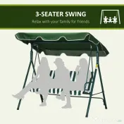 Outsunny Balansoar de Gradina 3 Locuri Acoperis Parasolar si Structura din Otel si Poliester, 172x110x153 cm, Alb si Verde | Aosom Romania 