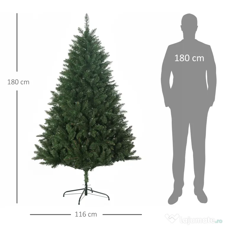 HOMCOM Brad de Crăciun artificial 180cm, cu 800 de ramuri și bază din metal, verde