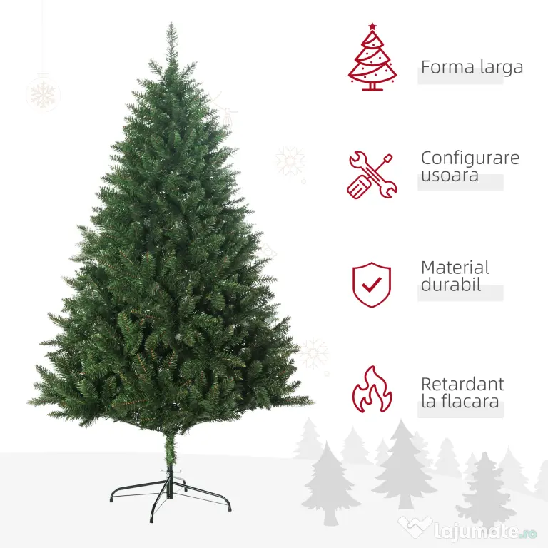 HOMCOM Brad de Crăciun artificial 180cm, cu 800 de ramuri și bază din metal, verde