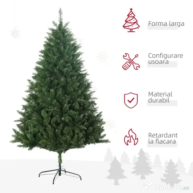 HOMCOM Brad de Crăciun artificial 180cm, cu 800 de ramuri și bază din metal, verde