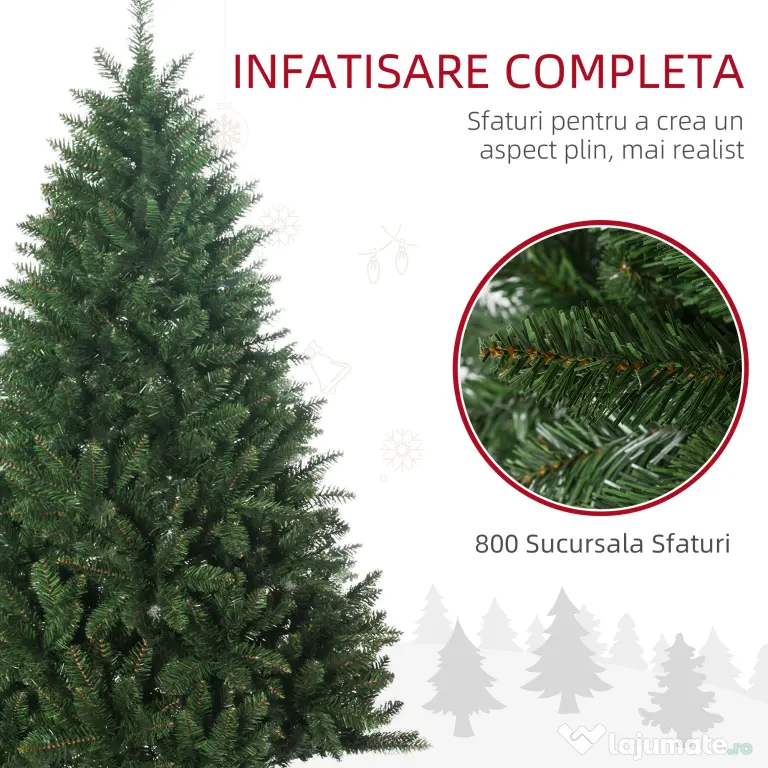 HOMCOM Brad de Crăciun artificial 180cm, cu 800 de ramuri și bază din metal, verde