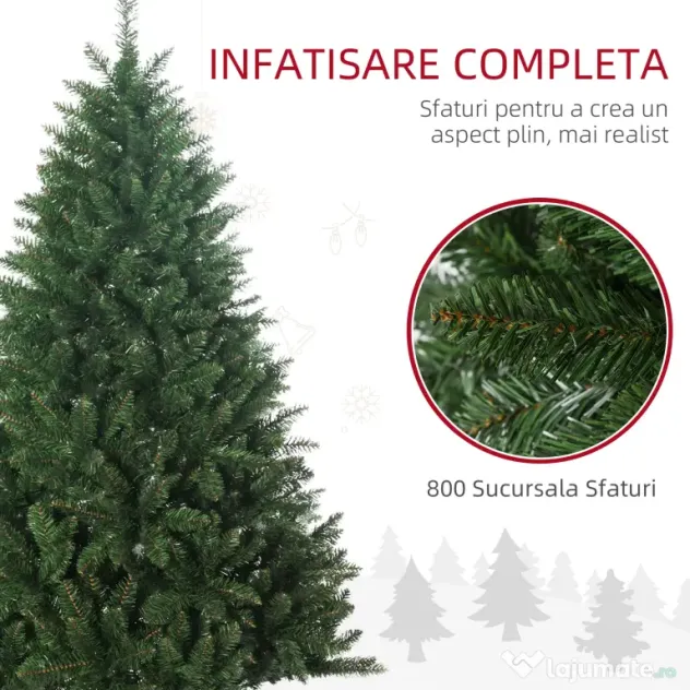 HOMCOM Brad de Crăciun artificial 180cm, cu 800 de ramuri și bază din metal, verde