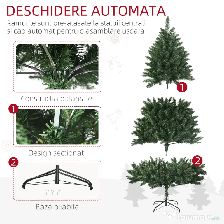 HOMCOM Brad de Crăciun artificial 180cm, cu 800 de ramuri și bază din metal, verde