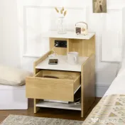 HOMCOM Noptieră Modernă cu Prize USB și Sertar, 40x40x60cm, Lemn Natural | Aosom Romania 