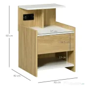 HOMCOM Noptieră Modernă cu Prize USB și Sertar, 40x40x60cm, Lemn Natural | Aosom Romania 