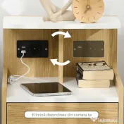 HOMCOM Noptieră Modernă cu Prize USB și Sertar, 40x40x60cm, Lemn Natural | Aosom Romania 