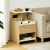 HOMCOM Noptieră Modernă cu Prize USB și Sertar, 40x40x60cm, Lemn Natural | Aosom Romania 