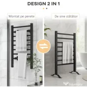 HOMCOM Suport prosop electric de podea sau montare pe perete, 150W, cu 8 bare și timer de 2 sau 4 ore, 53x35x90 cm, negru