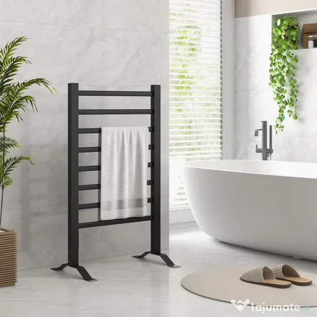 HOMCOM Uscător Electric de Prosoape, Cuier Încălzit cu 8 Bare și Temporizator de 2 sau 4 Ore, 53x35x90 cm, Negru | Aosom Romania