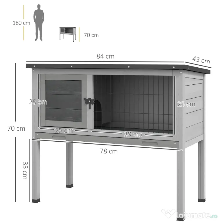 PawHut Cușcă de Iepure Ridicată, Cușcă de Iepure cu Tavă Extensibilă și Trapă, 84x43x70 cm, Gri
