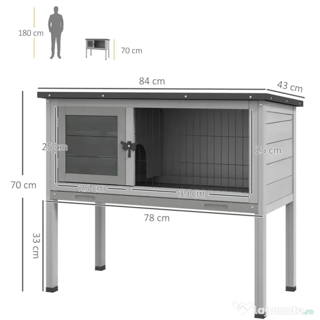 PawHut Cușcă de Iepure Ridicată, Cușcă de Iepure cu Tavă Extensibilă și Trapă, 84x43x70 cm, Gri
