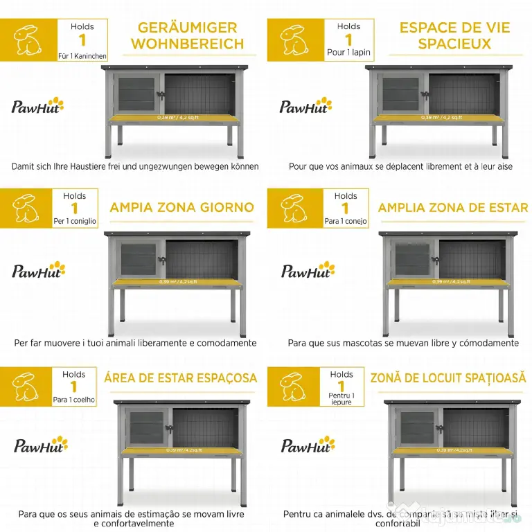 PawHut Cușcă de Iepure Ridicată, Cușcă de Iepure cu Tavă Extensibilă și Trapă, 84x43x70 cm, Gri